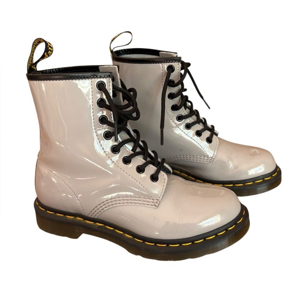 Dr Doc Martens 1460 Zinc Grey Patent Lamper Leather Combat Boots Womens Size 7